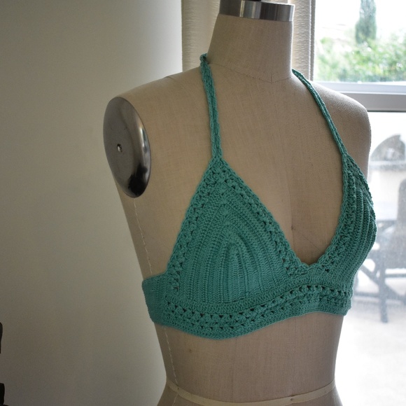 Turquoise Hand-Crochet Crop Bikini Top - Picture 3 of 7